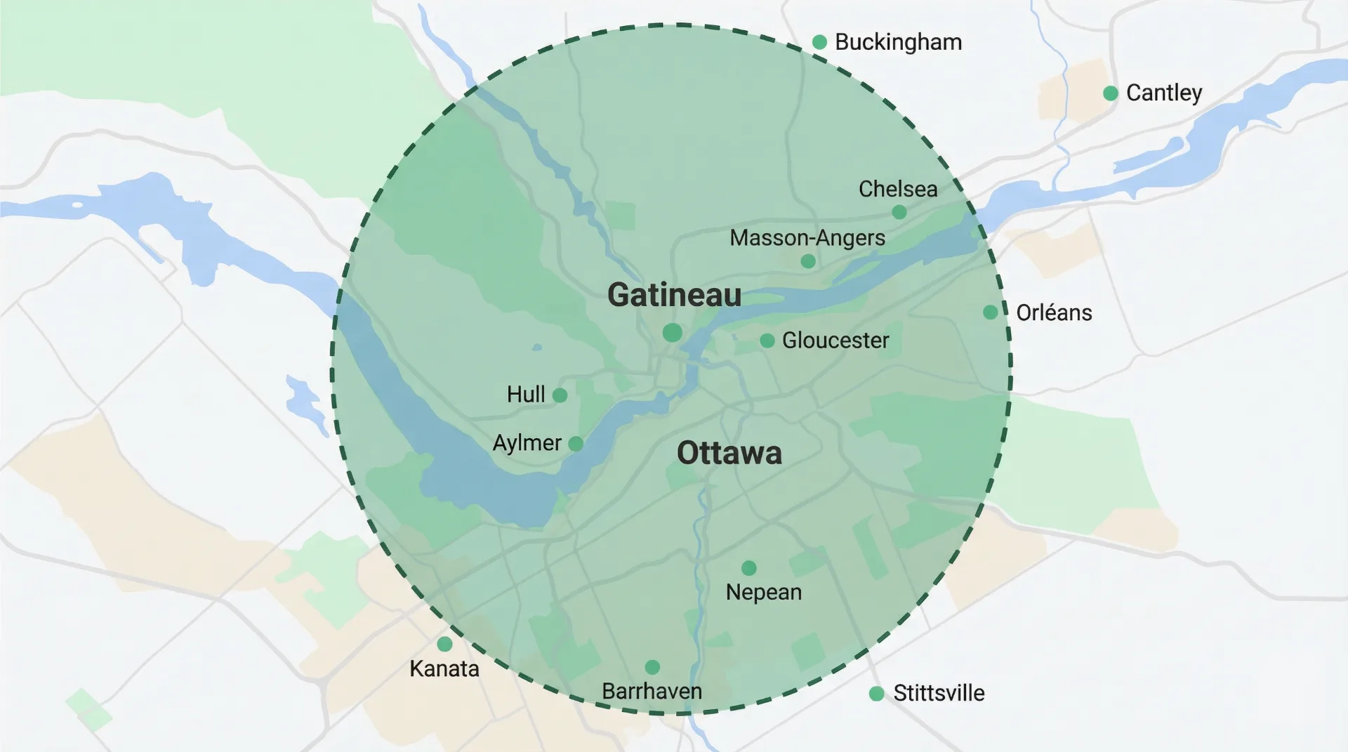 Carte de la zone de service couvrant Gatineau et Ottawa dans un rayon de 60 km